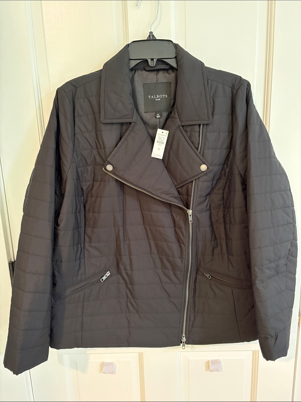 Talbots NWT Size 1X Black Quilted Asymmetrical Zip Moto Jacket